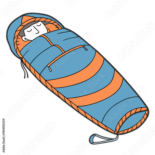 Person sleeping in blue and orange sleeping bag