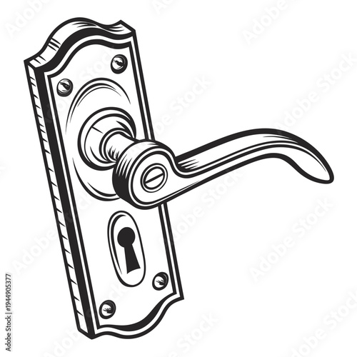 Vintage door handle with keyhole on white background antique black and white