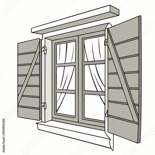 Gray wooden window with open shutters and curtains gray window shutters