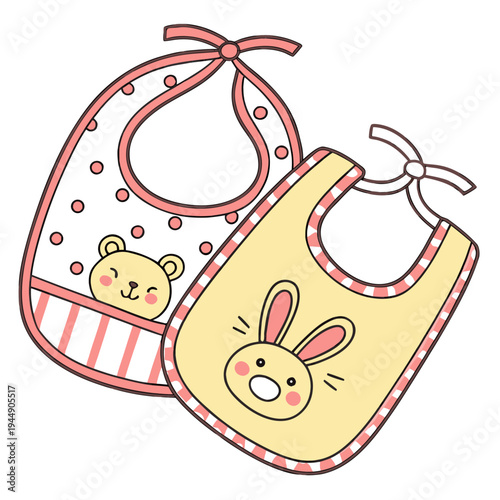 Two baby bibs with bunny and bear cartoon pink
