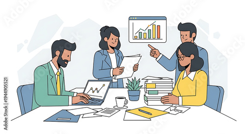Business team discussing graph on screen isolated on transparent background