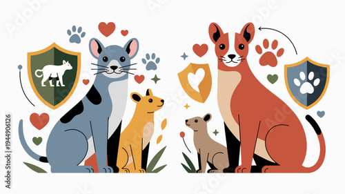 Colorful cartoon dogs and puppies with hearts paw prints and shields on white background symbolizing love and protection