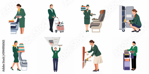 Collection of Flight Attendant Illustrations Performing Cabin Crew Duties and In-Flight Services on an Airplane