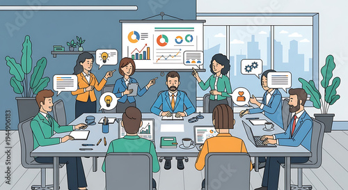 Business team discussing and analyzing data on graphs and charts in a meeting room isolated on transparent background