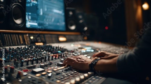 Mixing engineer applying reverb compression and effects on blurred background