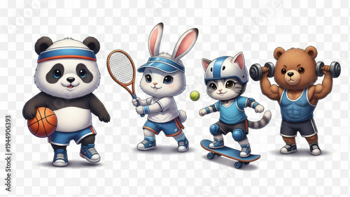 Karakter Hewan Lucu Berolahraga Basket Tenis Skateboard dan Angkat Beban