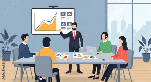 Business team meeting presentation with growth chart isolated on transparent background