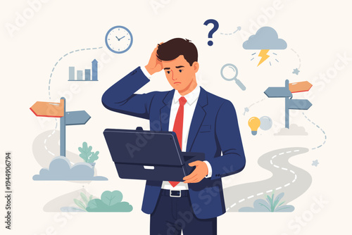Confused Businessman in a Suit Looking into a Briefcase, Feeling Uncertain About Future Career Path and Professional Direction, Surrounded by Symbols of Time, Ideas, and Decision-Making Icons.