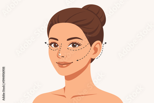 Vector Illustration of a Beautiful Woman's Face with Dotted Lines and Arrows Indicating Cosmetic Plastic Surgery Procedures like Rhinoplasty, Facelift, Blepharoplasty, and Otoplasty Enhancements.
