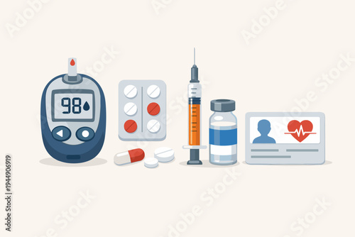 Flat vector illustration of diabetes management tools including a blood glucose meter, insulin syringe, vial, blister pack of pills, and a medical insurance ID card for healthcare monitoring.