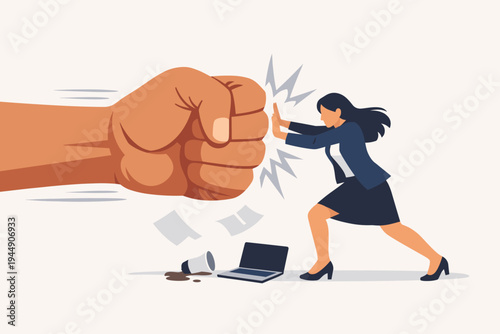 Empowered Businesswoman Resisting a Giant Fist Representing Workplace Abuse, Harassment, and Corporate Pressure. Woman Standing Up for Her Rights and Mental Health in a Toxic Office Environment.