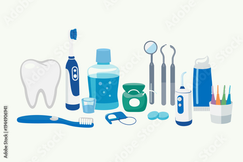 Professional Dental Care and Oral Hygiene Tools Set Illustration Featuring Electric Toothbrush, Toothpaste, Mouthwash, Dental Floss, Water Flosser, Interdental Brushes, and Dentist Equipment
