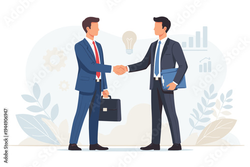 Two businessmen in formal suits shaking hands to seal a deal or partnership agreement. Professional vector illustration with business icons like gears, lightbulb, and growth charts in background.