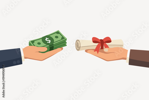 Flat vector illustration of a hand offering a stack of dollar bills in exchange for a rolled diploma with a red ribbon, representing education costs, tuition fees, or academic corruption.