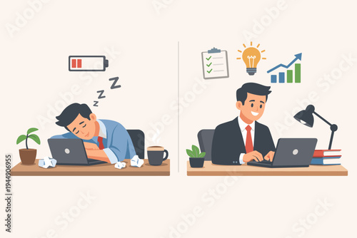 Comparison of Two Businessmen: One Exhausted Employee Sleeping at Desk with Low Battery Icon and One Productive Professional Working Efficiently with High Energy, Idea, and Growth Symbols