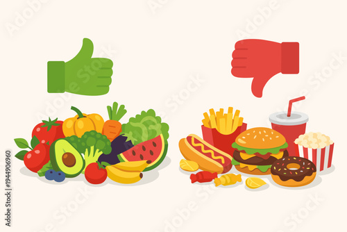 Healthy Food vs Unhealthy Fast Food Comparison Illustration with Thumbs Up and Down Icons, Featuring Fresh Vegetables, Fruits, Burger, Hot Dog, Fries, Soda, and Junk Food for Nutrition Concept