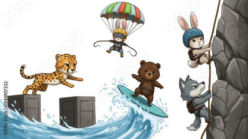 Cute Cartoon Animals Engaging in Extreme Outdoor Sports Activities