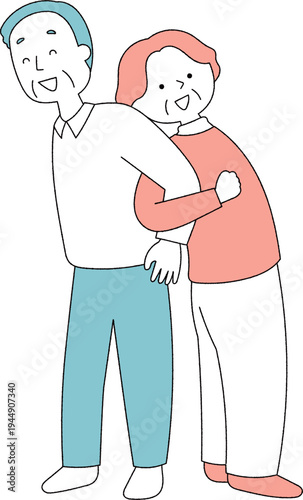 シニア男女が二人でストレッチをする健康体操イメージ単色