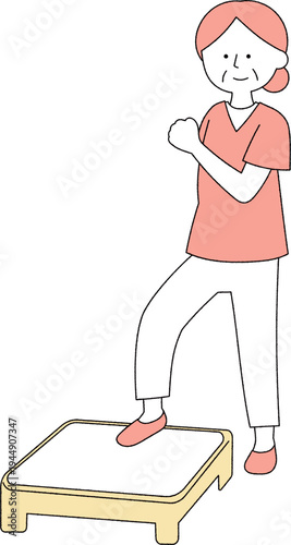 シニア女性の踏み台昇降運動・自宅で健康トレーニング単色