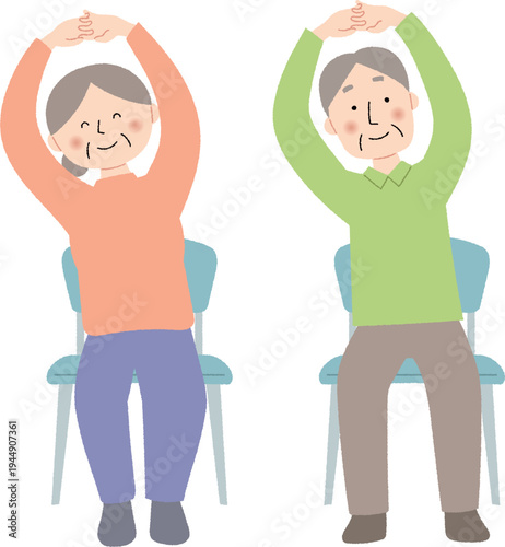 椅子に座ってストレッチをするシニア男女