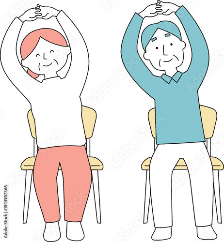 椅子に座ってストレッチをするシニア男女単色