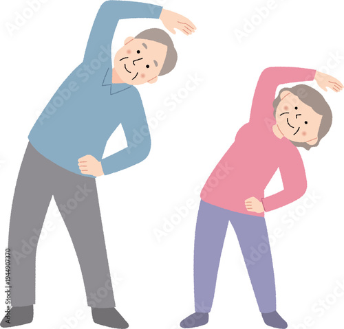 立って側屈ストレッチをするシニア男女