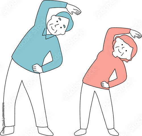 立って側屈ストレッチをするシニア男女単色