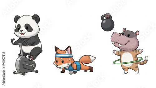 Cute Cartoon Animals Doing Fitness Exercises Set