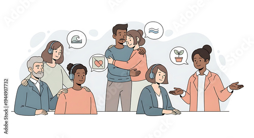 Diverse group of individuals participating in a support session while discussing environmental and interpersonal well-being concepts through thought bubbles.