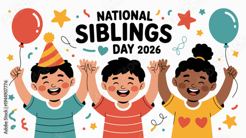 Happy siblings celebrating national siblings day with balloons and confetti