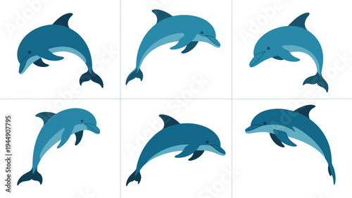 Six blue dolphins jumping in various poses on white background marine life icons aquatic mammals