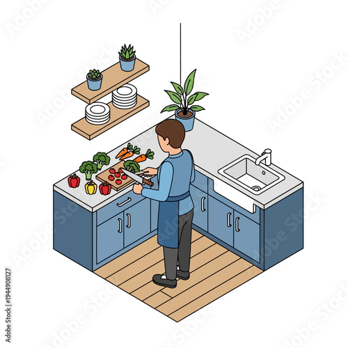 A person is standing in a kitchen, preparing vegetables for cooking on the countertop.