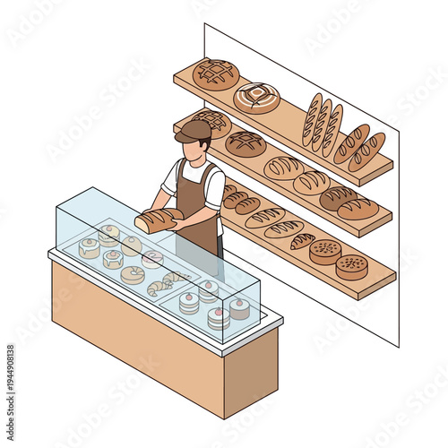 A baker in an apron places a loaf of bread on a display shelf in a bakery.