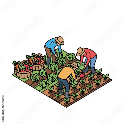 Three farmers harvesting vegetables in a garden, with baskets of produce and rows of plants.