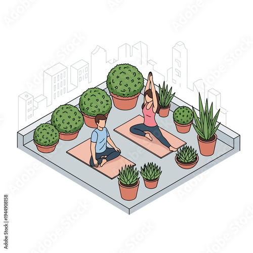 A couple practices yoga and meditation on a rooftop garden surrounded by potted plants.