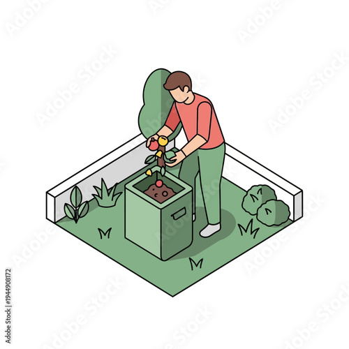 A person tending to a compost bin in a garden, adding organic waste.