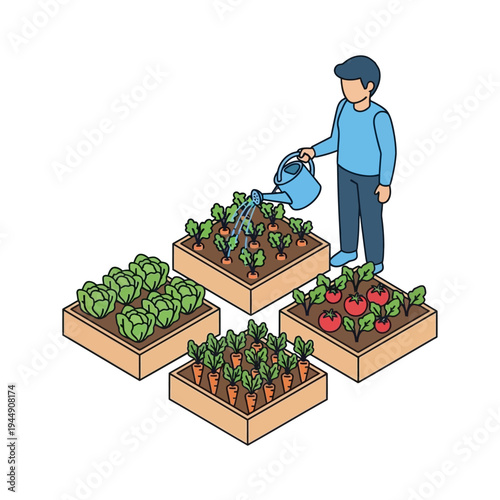 A person watering plants in a raised garden bed with various vegetables.