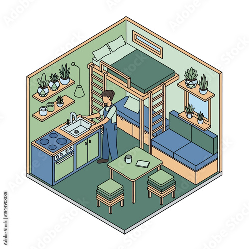 Isometric view of a small apartment with a loft bed and kitchenette.