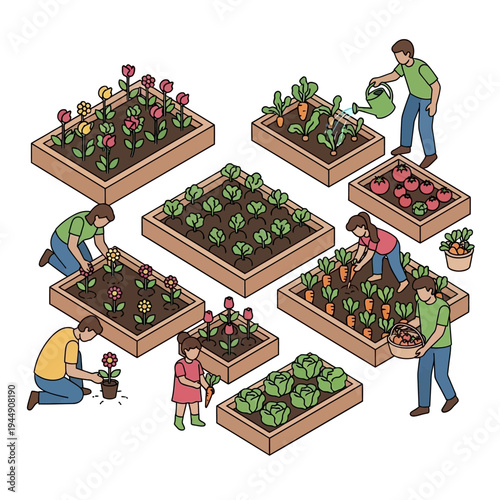 People tending to various raised garden beds, cultivating flowers and vegetables.