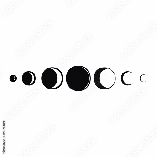 Vector illustrations of moon phases like full moon, crescent moon and eclipse in black icons