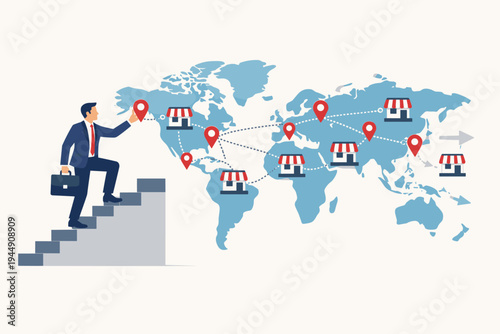 Businessman climbing stairs to expand a global store network on a world map, illustrating franchise growth, international business expansion, retail strategy, corporate success, and market reach.