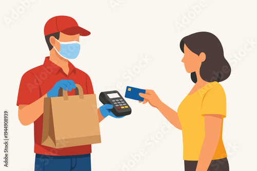 Delivery man wearing face mask and gloves holding paper bag and POS terminal while woman customer pays with credit card for safe contactless delivery service during pandemic vector illustration