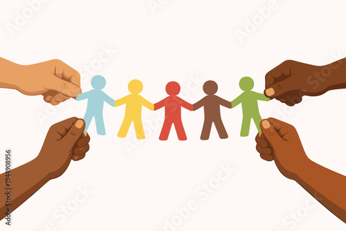 Multiracial hands holding a chain of colorful paper people pictograms. Concept of diversity, inclusion, unity, and community support. Flat vector illustration for social issues and equality.