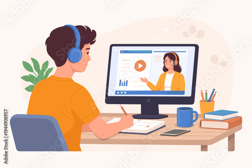 Vector illustration of a young male student wearing headphones sitting at a desk watching an online webinar or video course on a computer monitor while taking notes, e-learning and digital study.