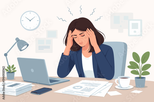 Flat vector illustration of a stressed businesswoman sitting at an office desk with a laptop and documents, holding her head due to a headache, work pressure, burnout, and mental exhaustion.