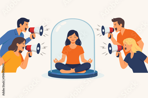Woman meditating in a glass dome for protection while people shout with megaphones, vector illustration of inner peace, mental health, mindfulness, and resilience against stress and negativity.