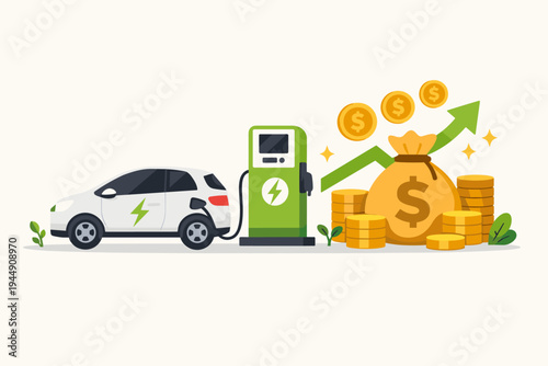 Electric car charging at a green station with money bag and gold coins representing cost savings and financial growth. Sustainable transport and eco-friendly investment concept illustration.