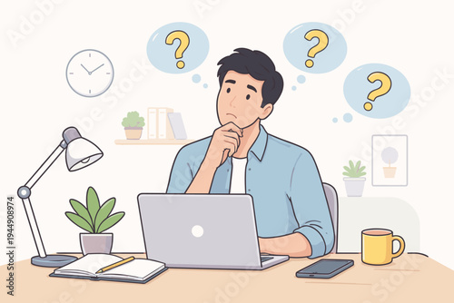 Thoughtful young man sitting at a desk with a laptop, notebook, and coffee, looking confused with question marks in bubbles, representing problem solving, decision making, and office work.