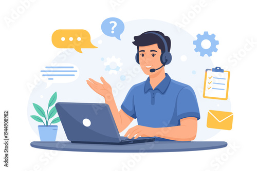 Male customer service operator with headset answering client questions on laptop. Flat vector illustration of technical support, call center agent, online help desk, and telemarketing services.
