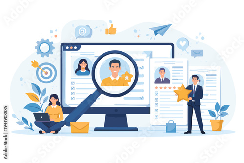 Recruitment and Talent Acquisition Concept with Automated Online Job Application and Candidate Preselection. HR Managers Evaluating Resumes and Hiring Best Professional Employee Flat Illustration.